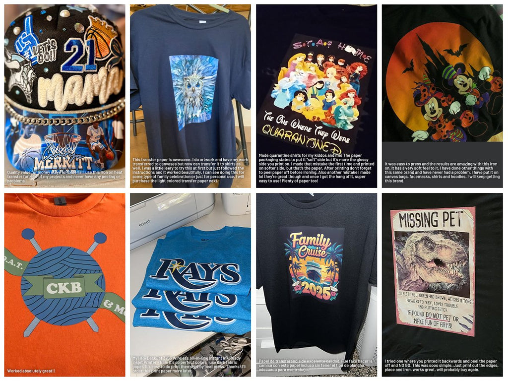 Collage of eight images showing heat transfer paper applications on t-shirts, a hat, and other items.