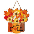 Wooden door sign shaped like mason jars with autumn flowers and leaves, reads 'hello FALL'