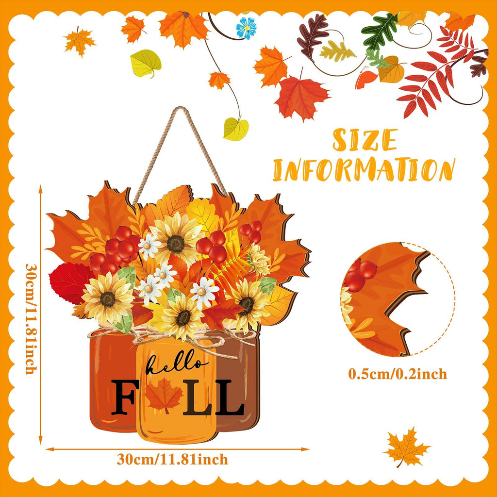 Autumn door sign with sunflowers, daisies, and maple leaves, reads 'hello FALL', includes size information.