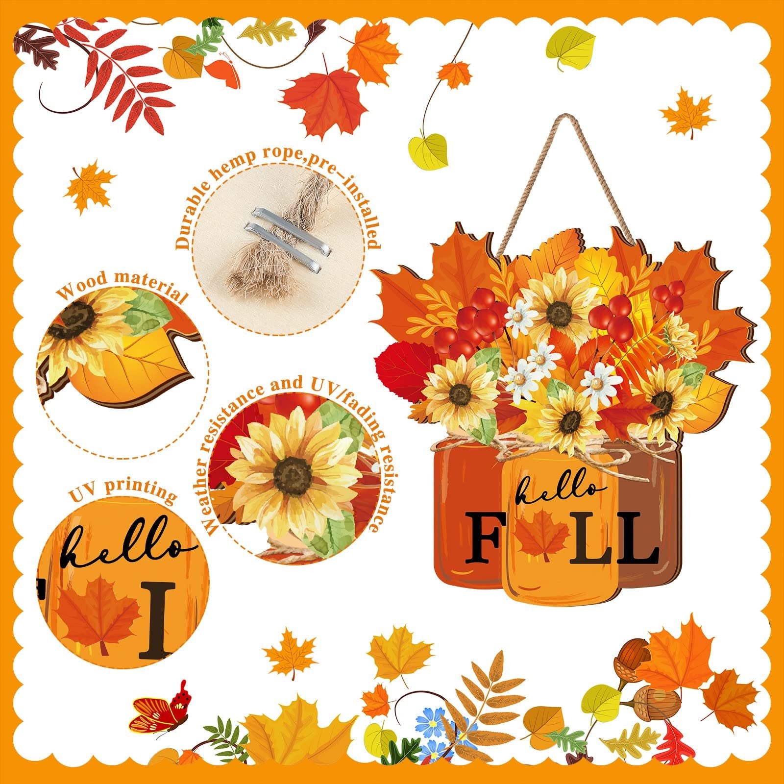 Autumn door sign with sunflowers, daisies, and maple leaves arranged in jars, with "hello FALL" text.