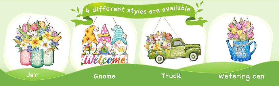 Four different styles of spring-themed wooden door signs: jar with flowers, gnomes with welcome sign, truck with flowers, and watering can with flowers.