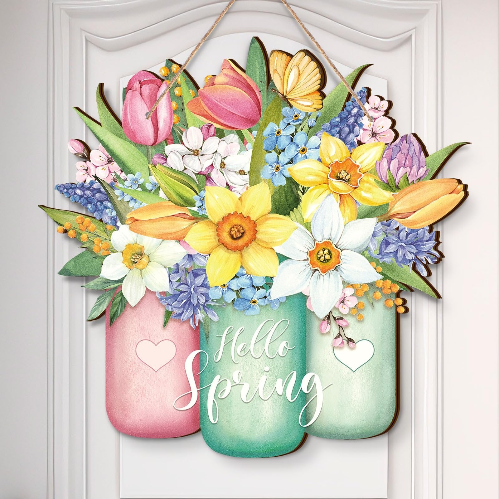 Wooden door sign shaped like three mason jars filled with spring flowers and a butterfly, reads 'Hello Spring'.