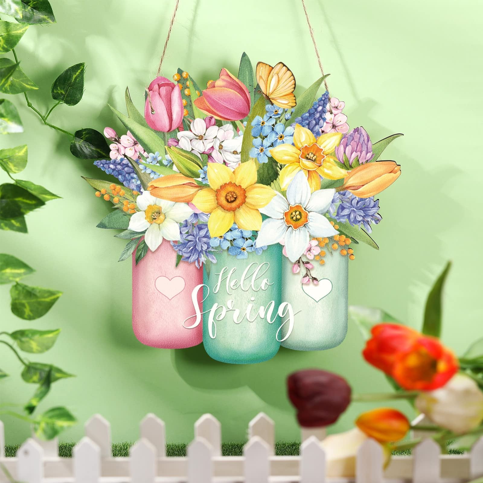 Spring door sign with three colorful jars filled with flowers and the text 'Hello Spring'
