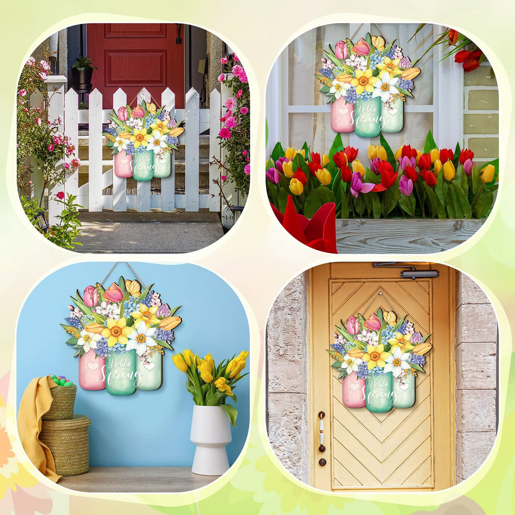 Spring door sign with flowers in mason jars, displayed on a fence, window, wall, and door.