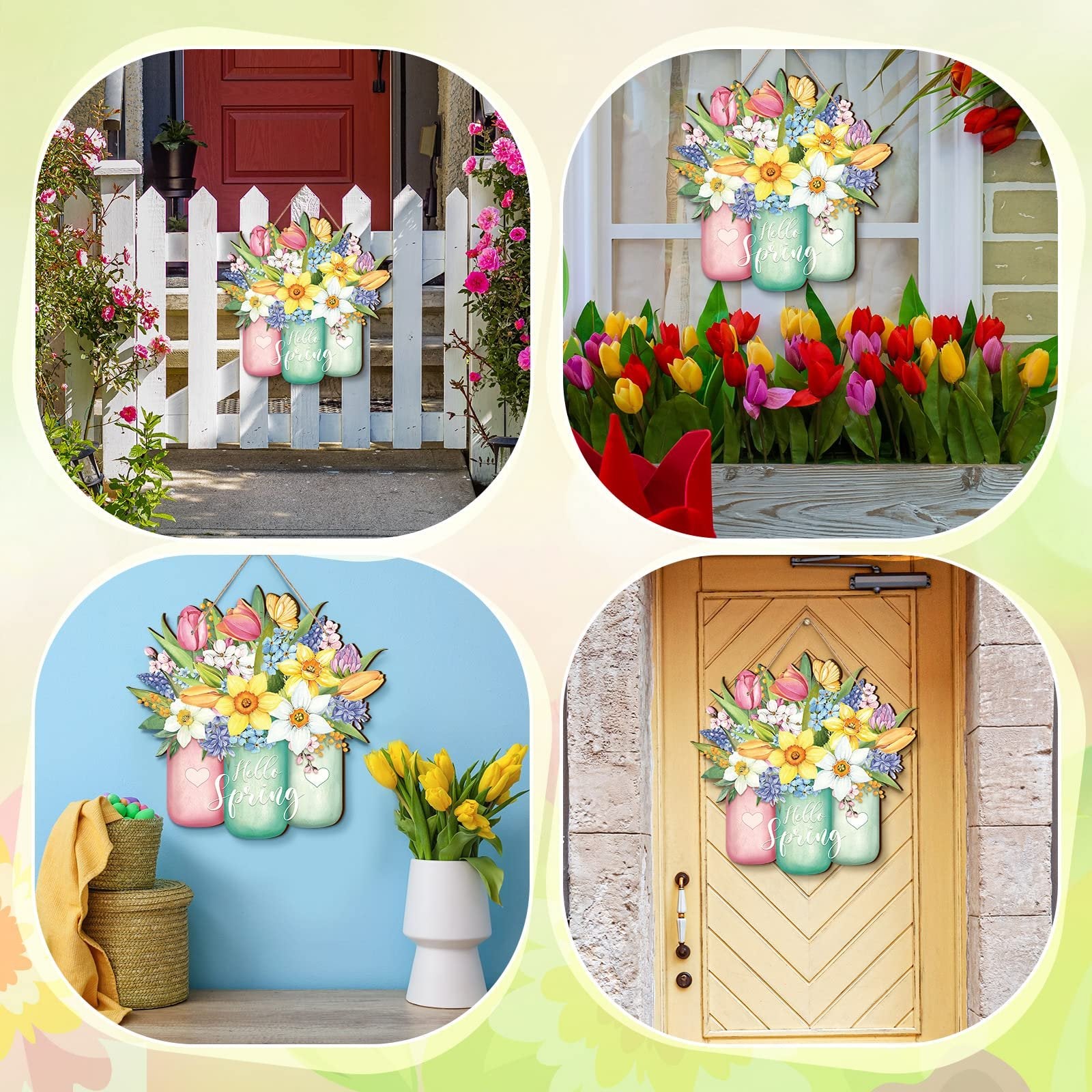 Spring door sign with flowers in mason jars, displayed on a fence, window, wall, and door.