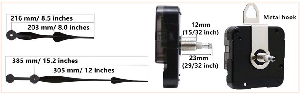 Clock movement mechanism with dimensions and two sets of spade hands shown from different angles.