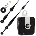 Clock movement mechanism with black spade hands and assorted hardware on a white background.