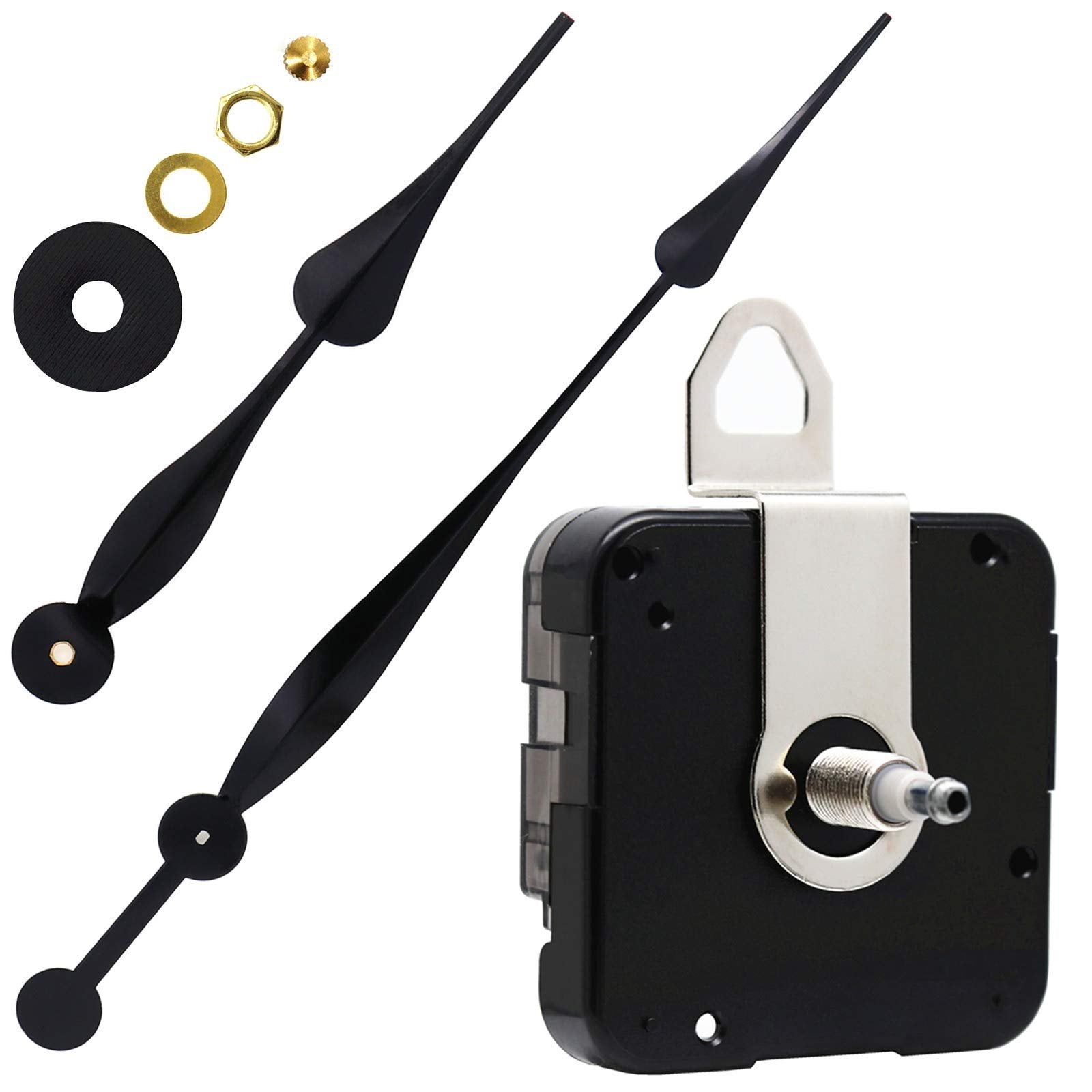Clock movement mechanism with black spade hands and assorted hardware on a white background.