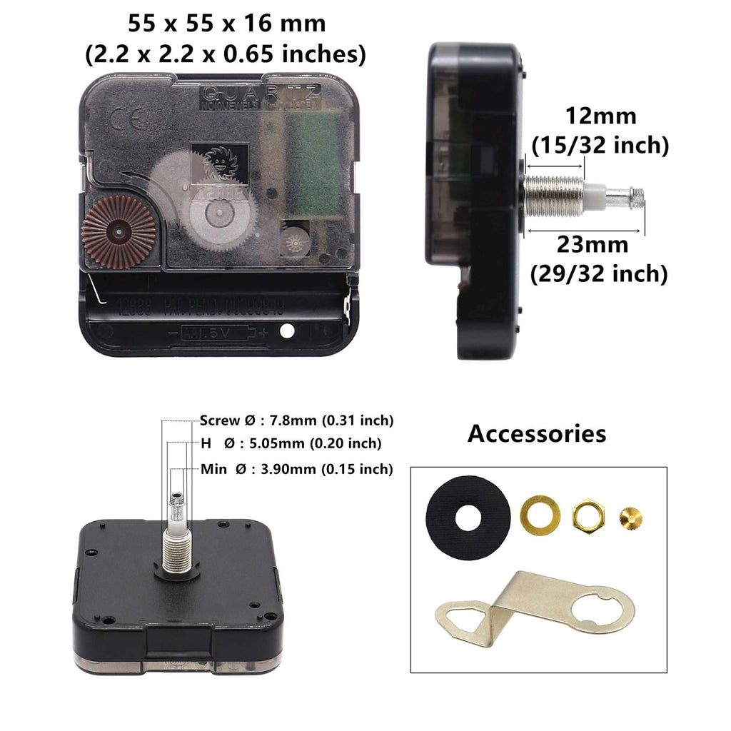 Clock movement mechanism with dimensions and accessories shown, including side view and screw measurements.