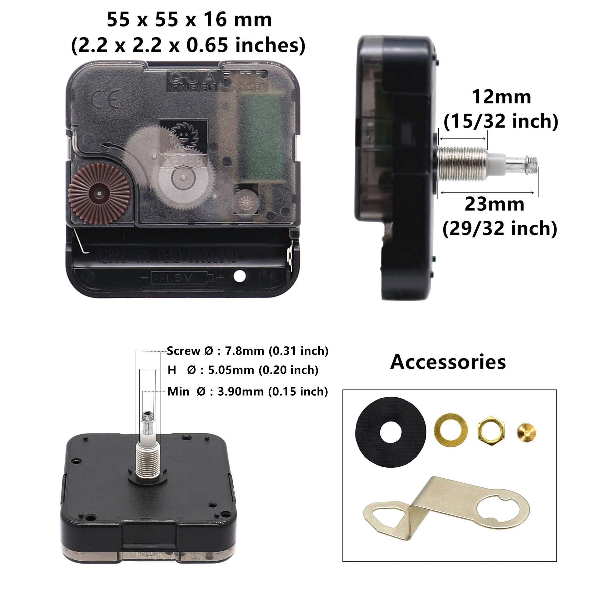 Clock movement mechanism with dimensions and accessories shown, including side view and screw measurements.