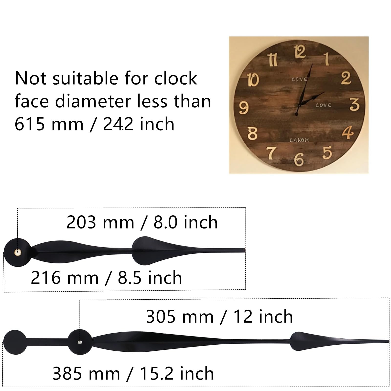 Clock hands and a wooden clock face with 'LIVE LOVE LAUGH' text, showing dimensions.