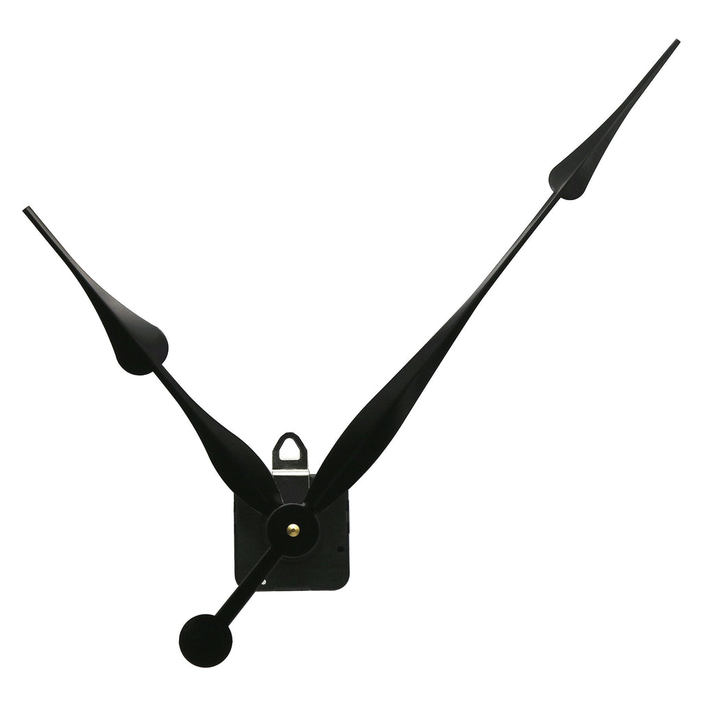 Black clock movement mechanism with hour, minute, and second hands against a white background.