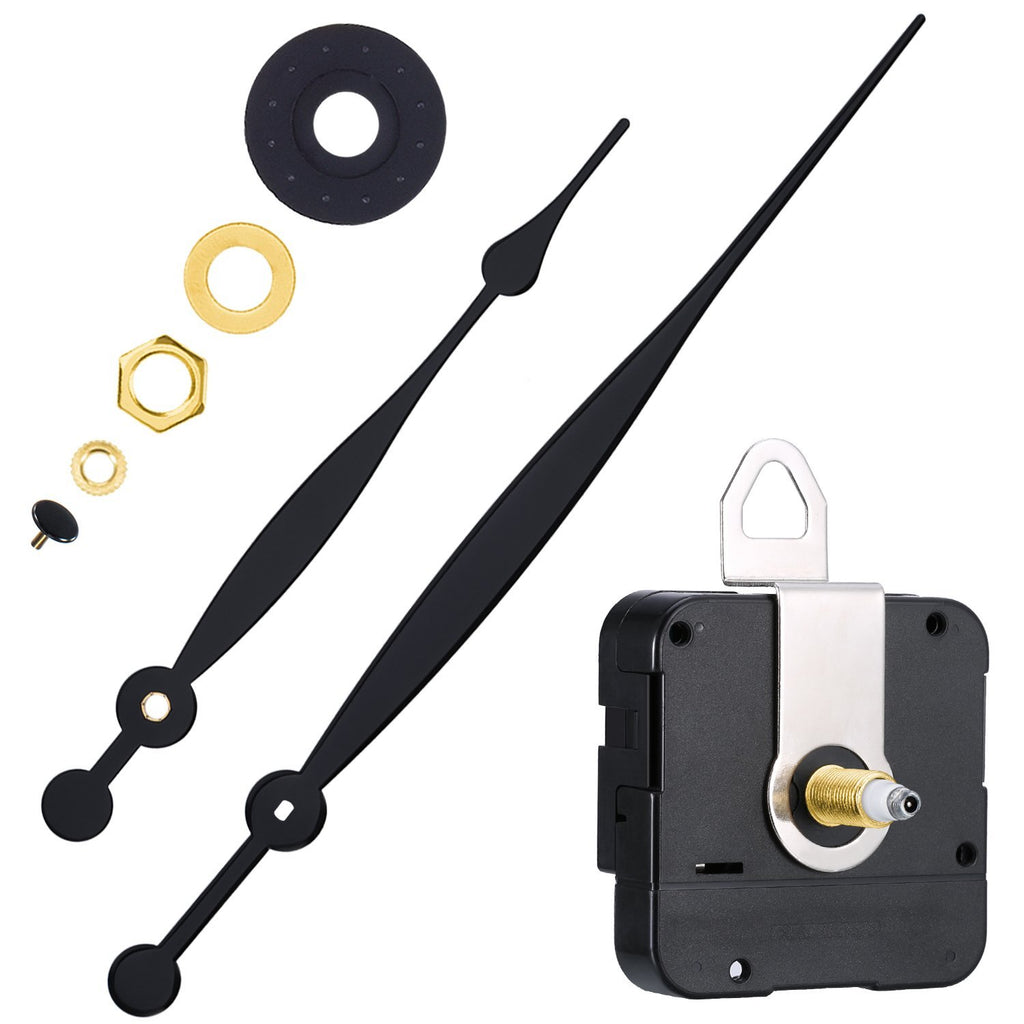 Clock movement replacement kit with black hands, mounting hardware, and quartz mechanism on white background.