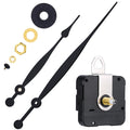 Clock movement replacement kit with black hands, mounting hardware, and quartz mechanism on white background.