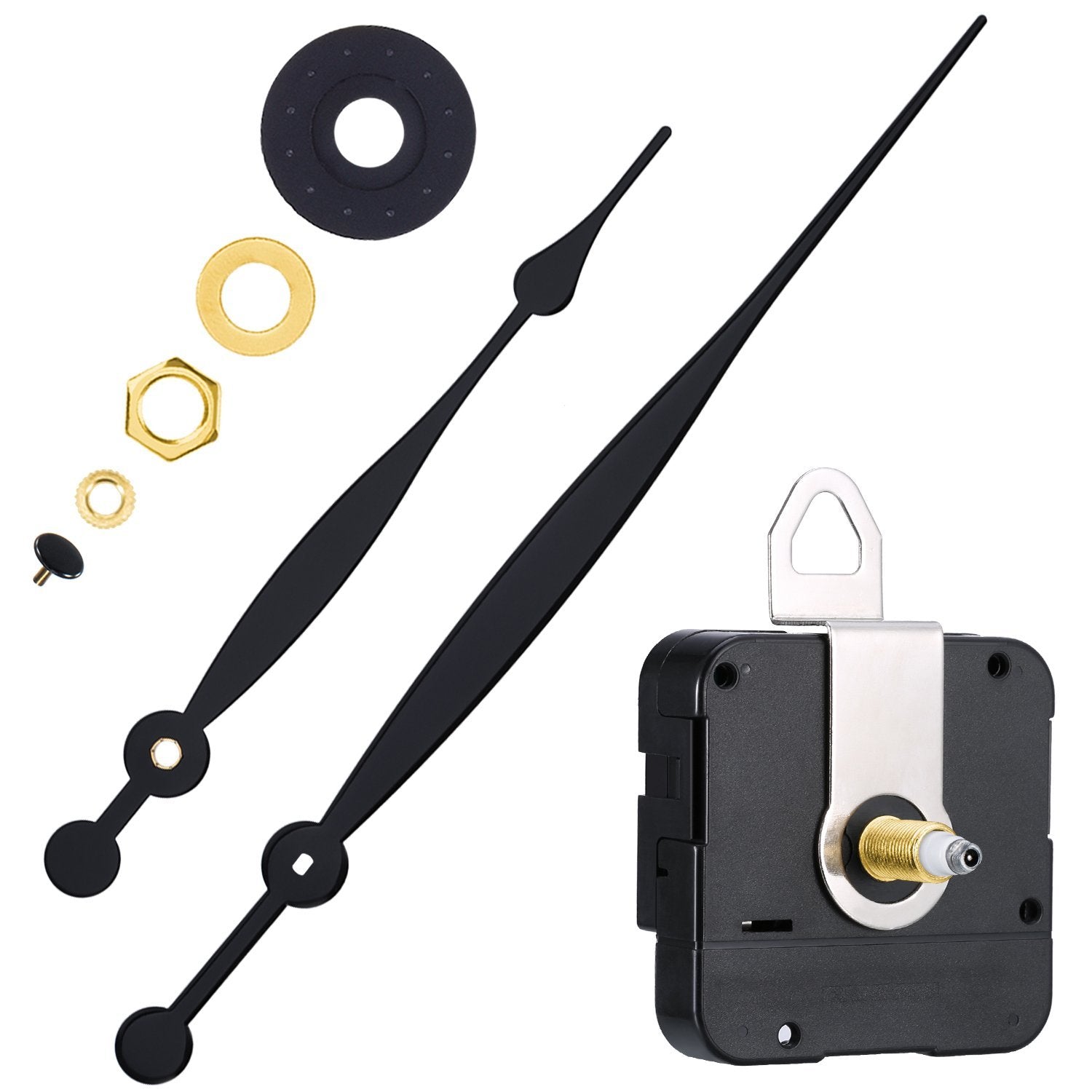 Clock movement replacement kit with black hands, mounting hardware, and quartz mechanism on white background.
