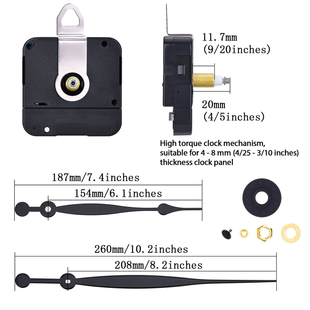 Clock movement replacement kit with dimensions and included hands and hardware. Includes mechanism, two sets of hands, and mounting hardware.
