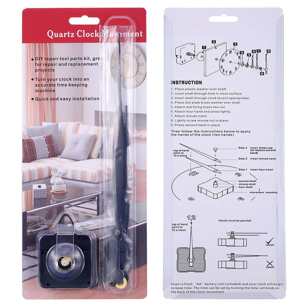 Quartz clock movement replacement kit with long aluminum hands and spade hanger, packaged with instructions.