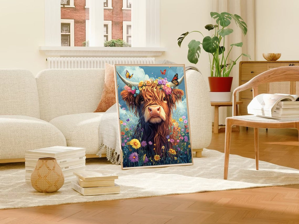 Framed paint by numbers canvas featuring a Highland cow with a flower crown in a field of wildflowers, displayed in a living room setting.