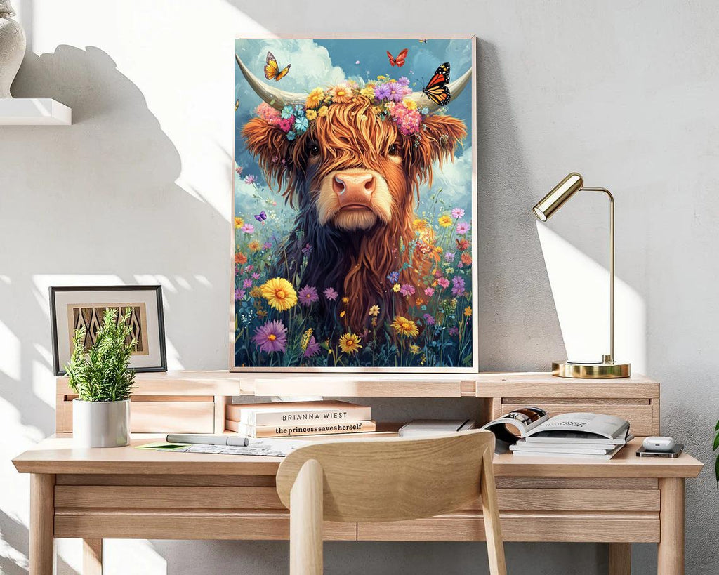 Highland cow with flower crown in a field of flowers, butterflies flying around.