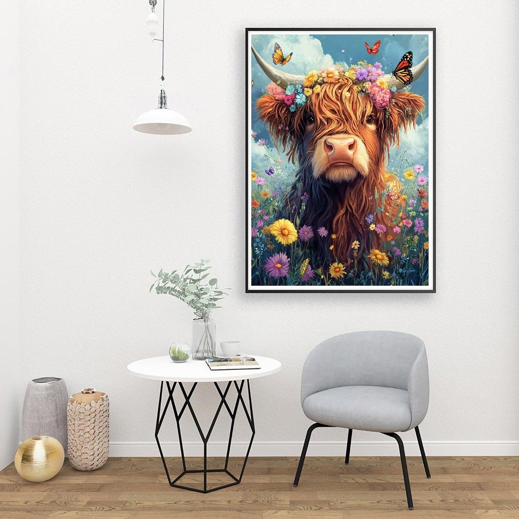 Framed painting of a highland cow adorned with a flower crown and butterflies in a field of flowers.