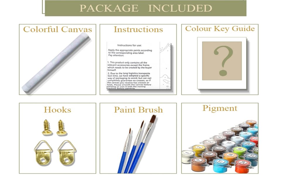 Paint by numbers kit contents: canvas, instructions, color key, hooks, paint brushes, and pigment pots.