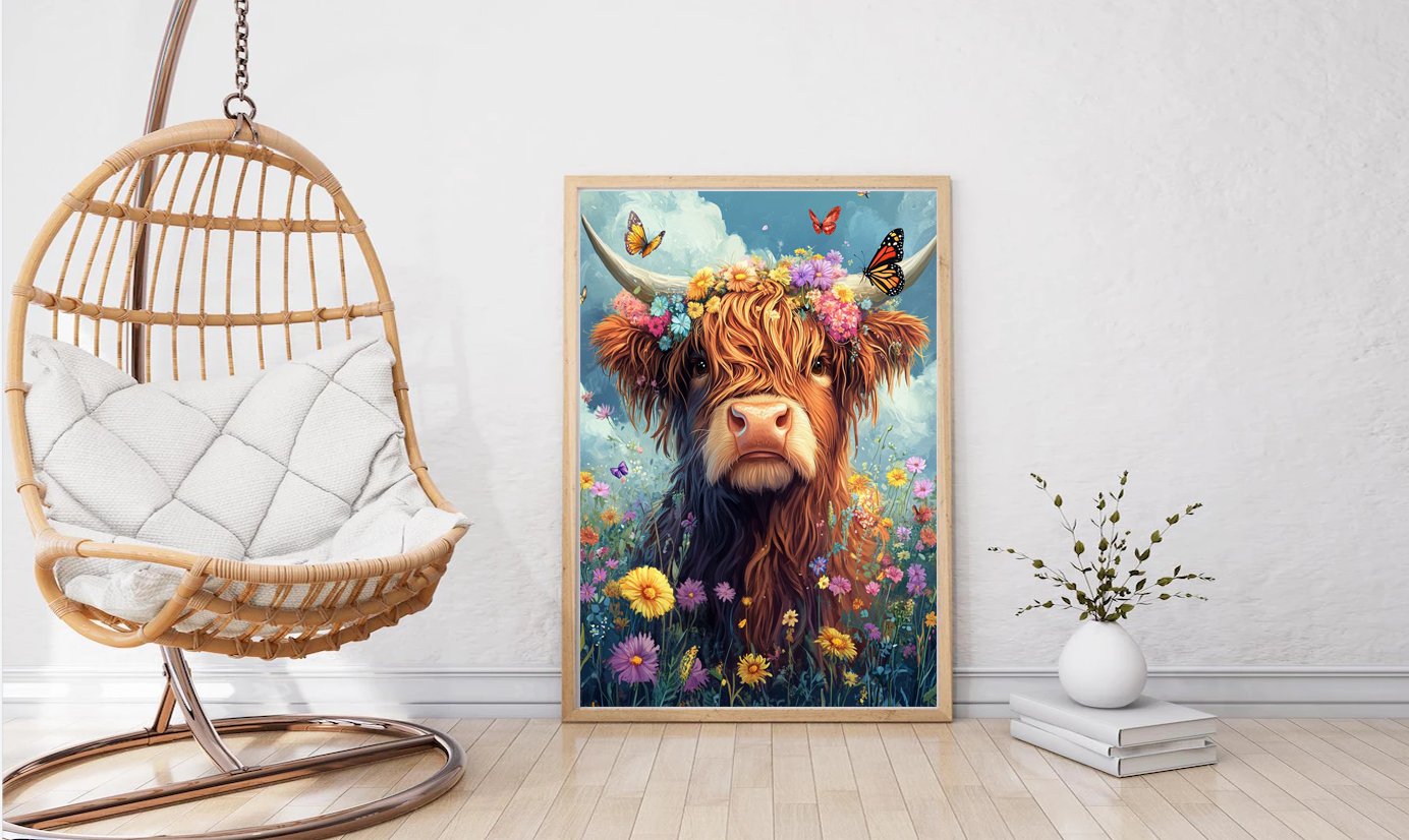Highland cow with flowers on its head and butterflies in a field of flowers, framed artwork