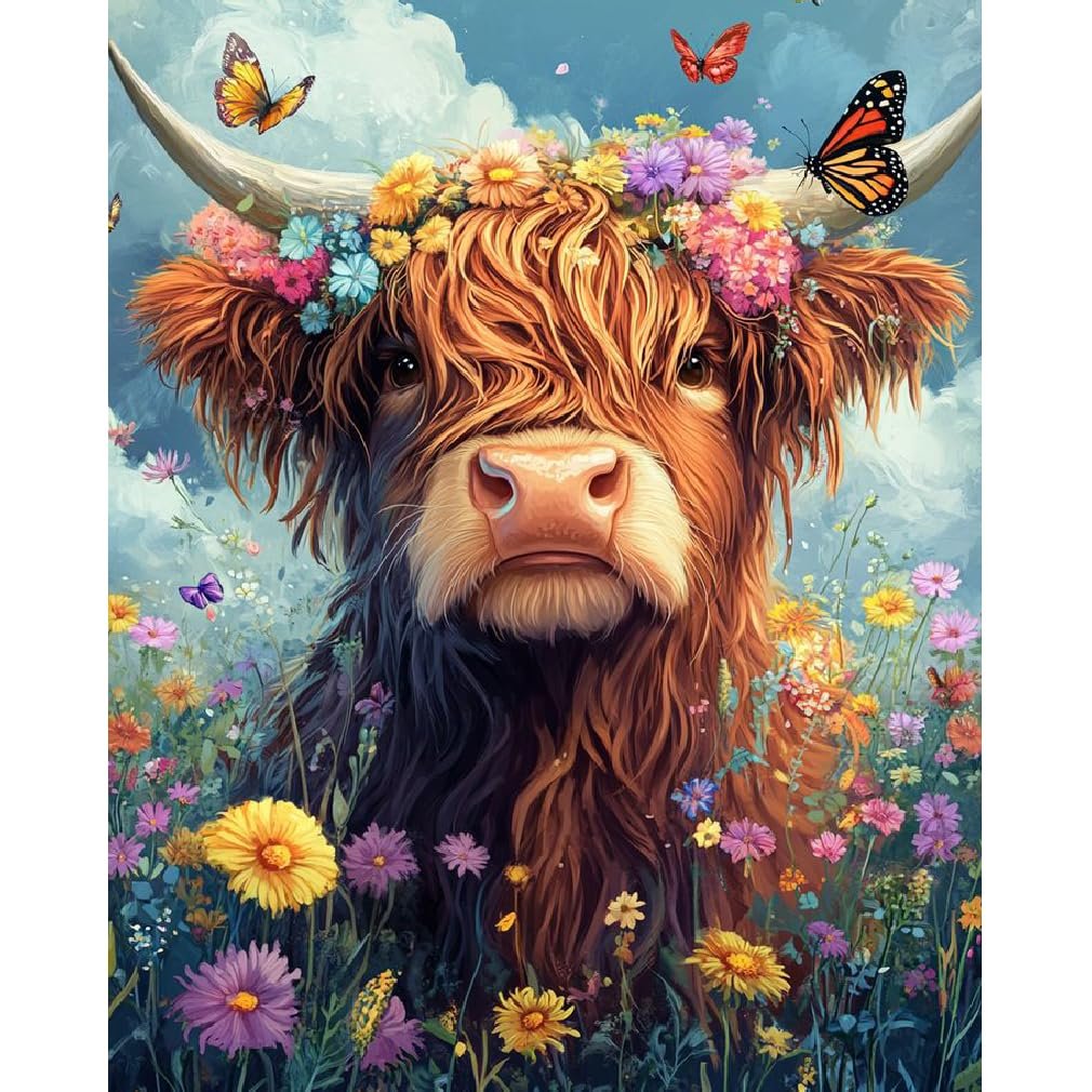 Highland cow wearing a flower crown in a field of wildflowers with butterflies flying around.