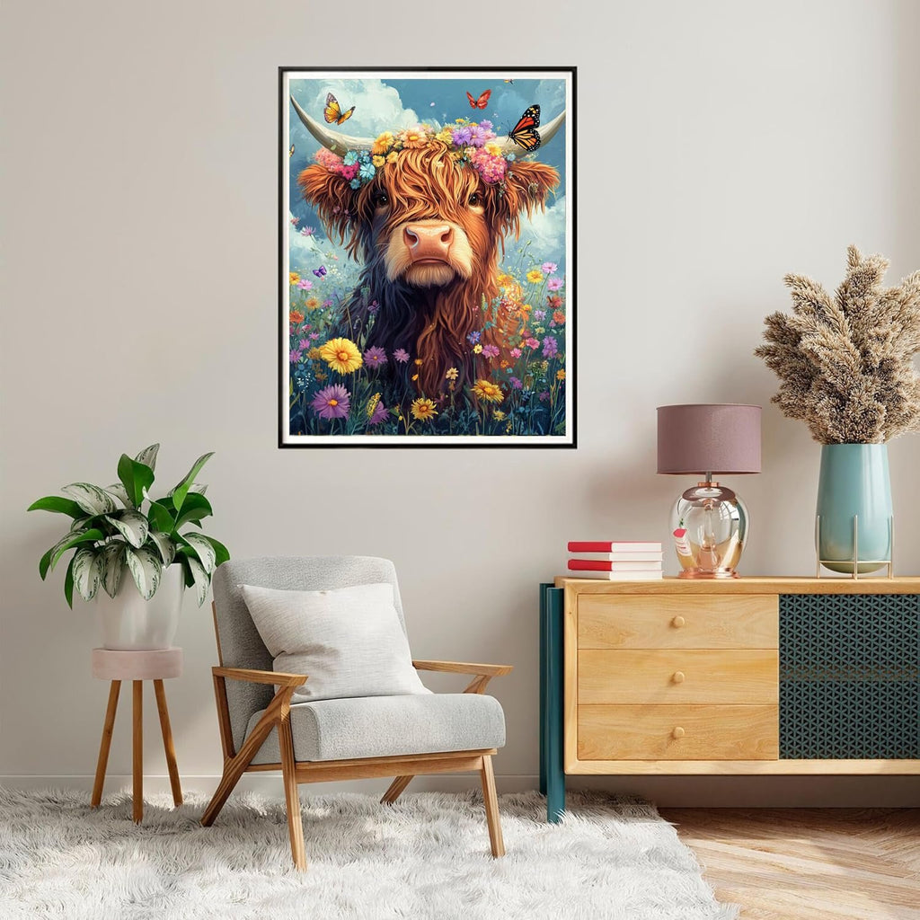 Painting of a highland cow with a flower crown in a field of flowers, with butterflies flying around.