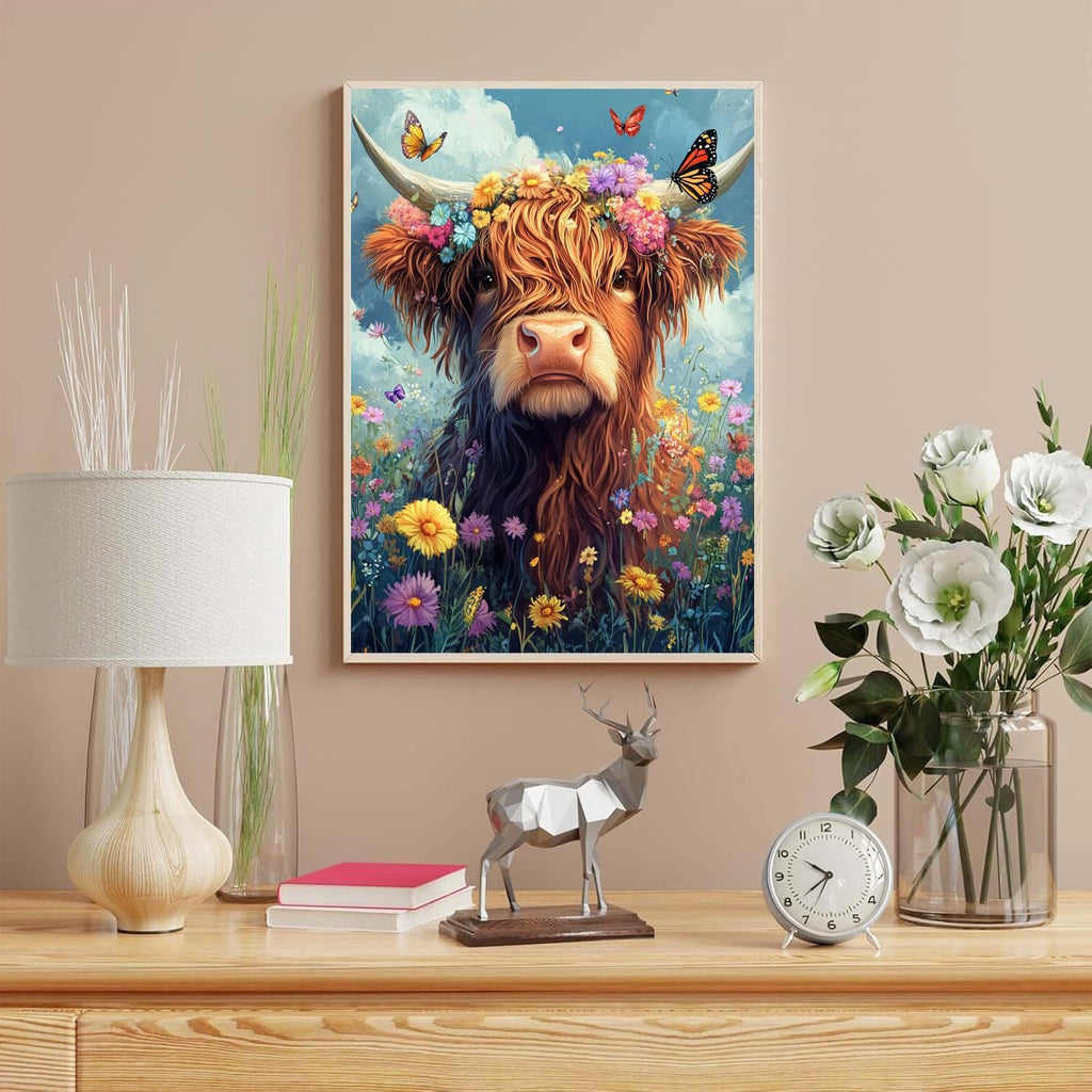 Highland cow with flower crown and butterflies in a field of flowers, framed artwork