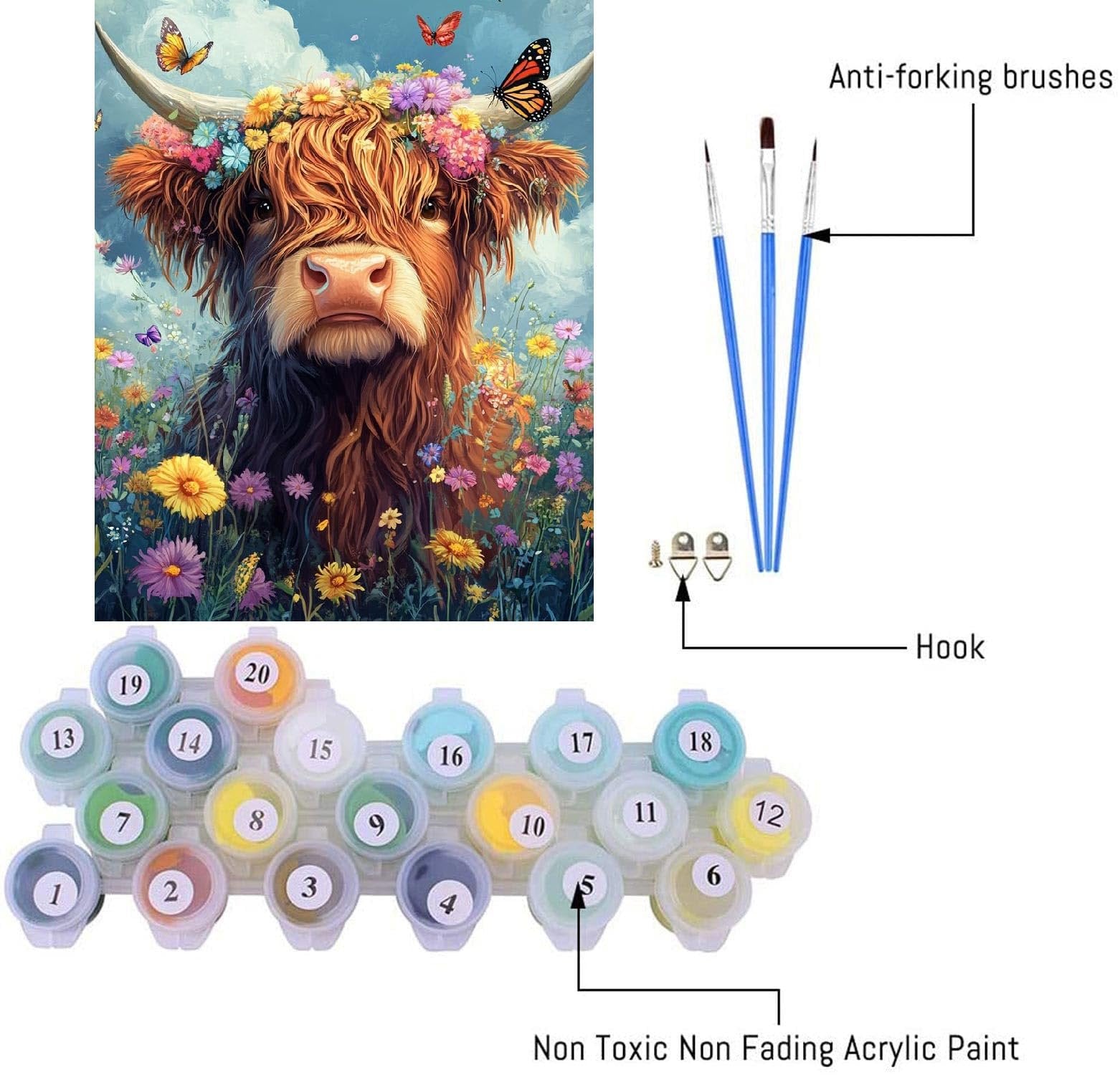 Highland cow with flowers on head and butterflies, surrounded by flowers, with paint pots and brushes.