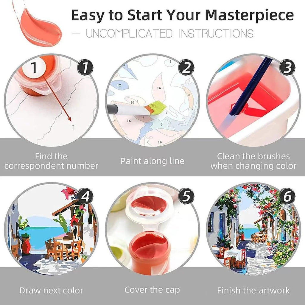 Paint by numbers kit instructions showing 6 steps: find number, paint, clean brush, next color, cover cap, finish artwork.