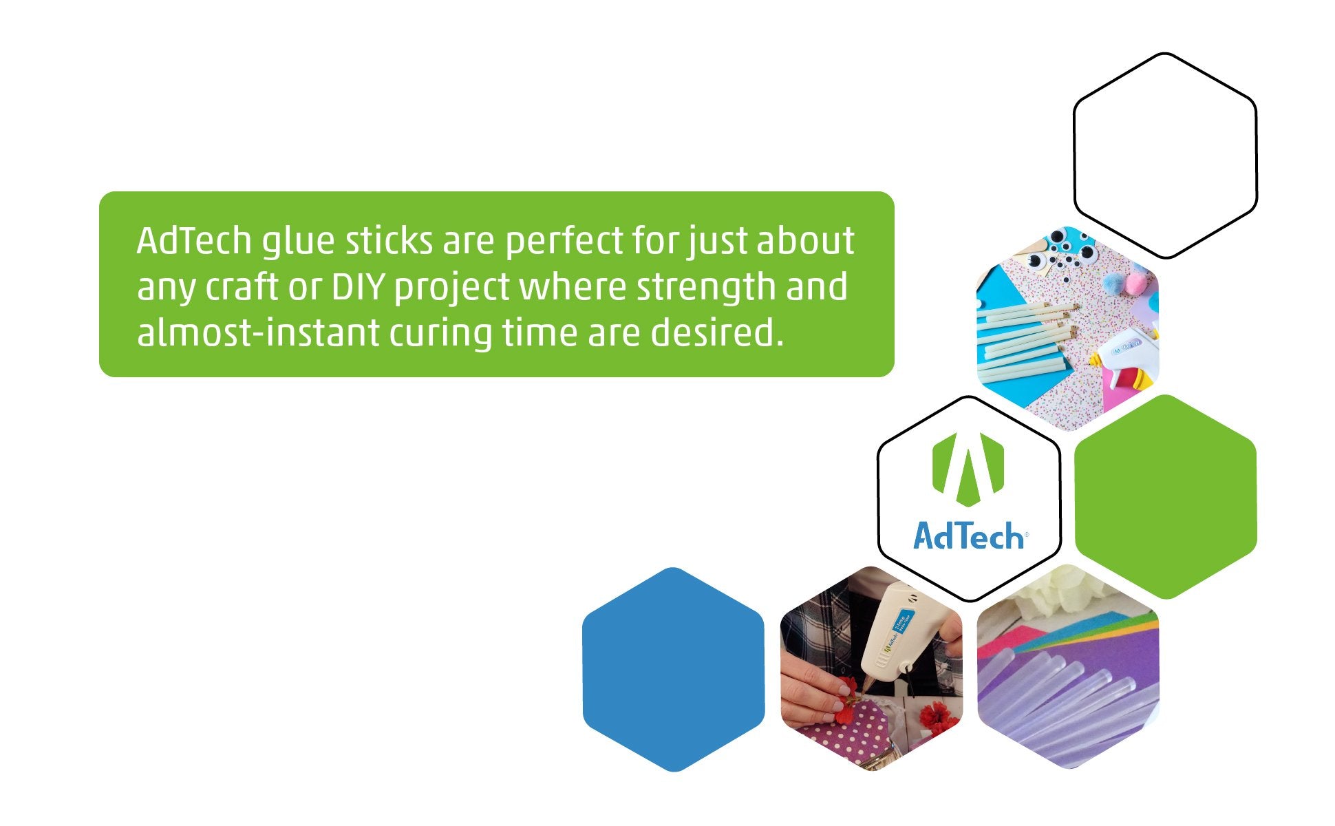 Glue sticks with crafting supplies and a glue gun in a hexagonal layout