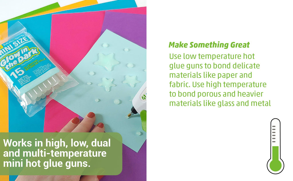 Package of 15 mini glow-in-the-dark hot glue sticks on a background of colorful paper with a hot glue gun and star shapes made of glue.