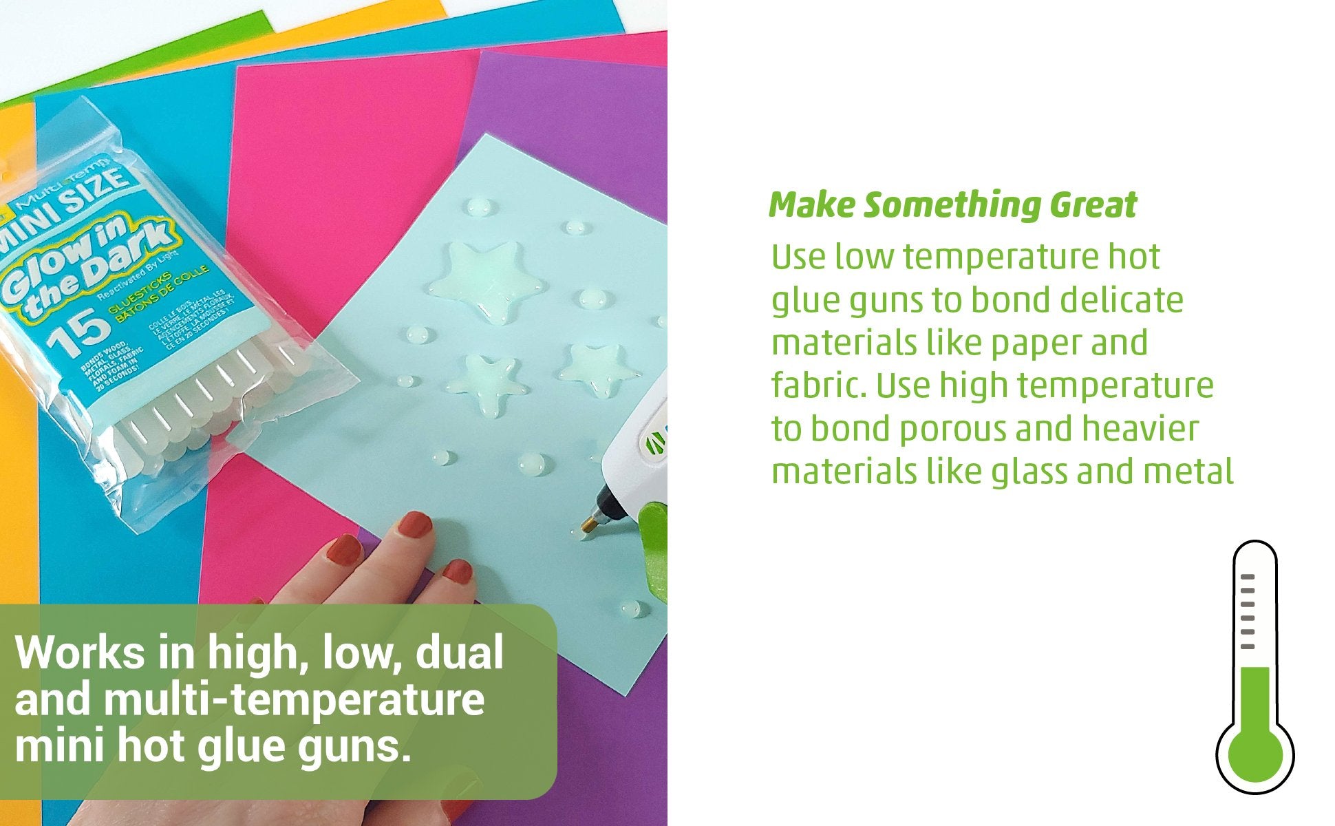 Package of 15 mini glow-in-the-dark hot glue sticks on a background of colorful paper with a hot glue gun and star shapes made of glue.