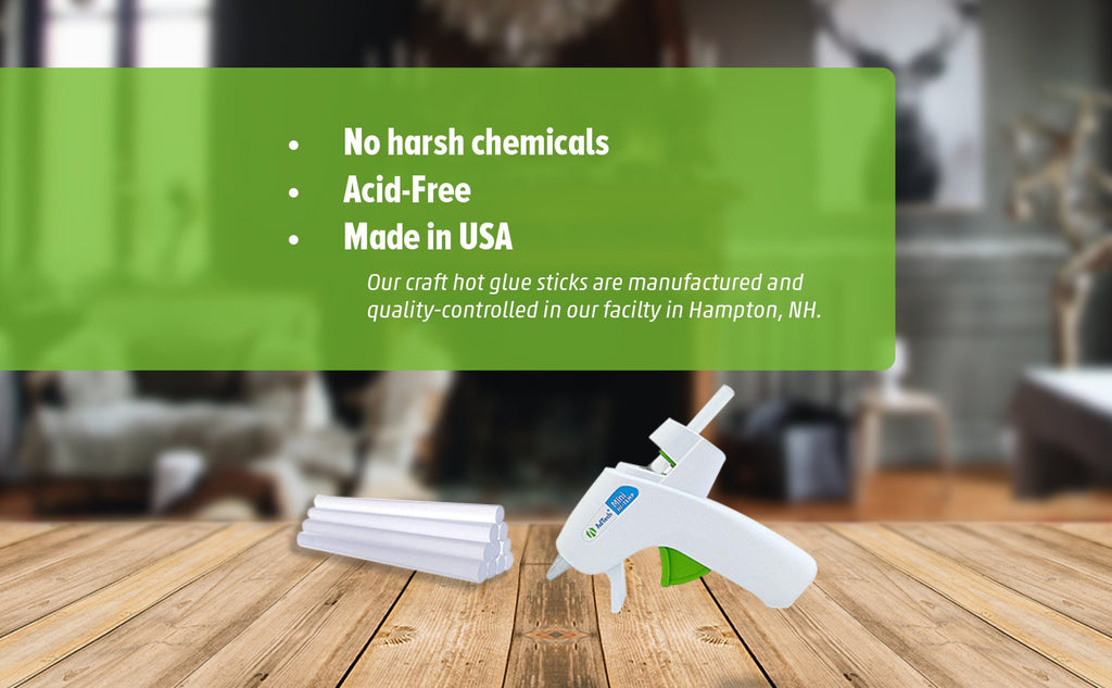 Hot glue gun and clear glue sticks on a wooden table with a green overlay detailing product features.
