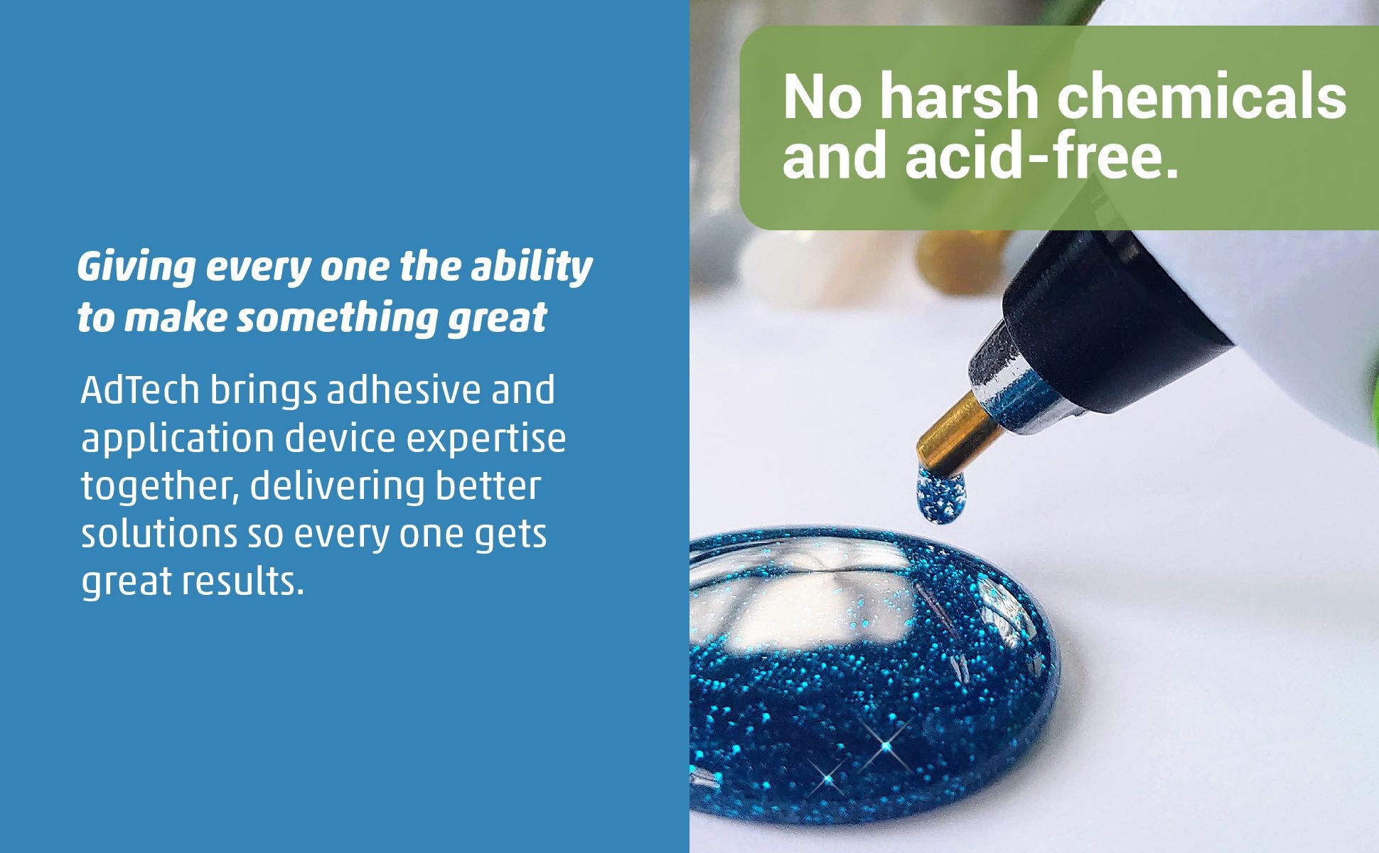 Close-up of a hot glue gun dispensing glitter glue onto a surface, with marketing text on the left and top right.