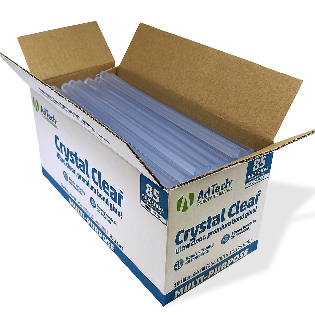 Box of 85 crystal clear hot glue sticks, 10-inch full size, multi-temp, on a white background.
