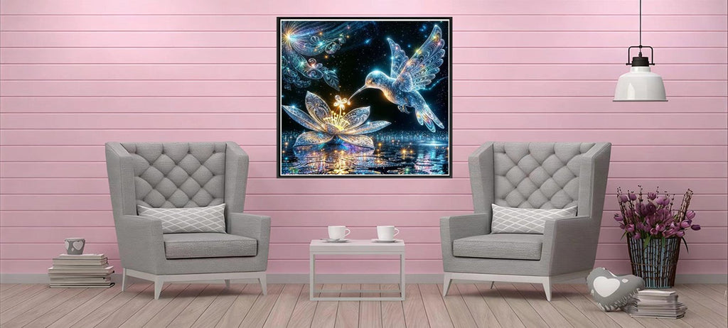 Diamond painting kit featuring a hummingbird hovering over a lotus flower with reflections on water, displayed in a living room setting.