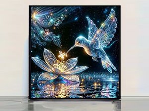 Diamond painting kit featuring a glowing hummingbird hovering over a lotus flower with reflections on water.