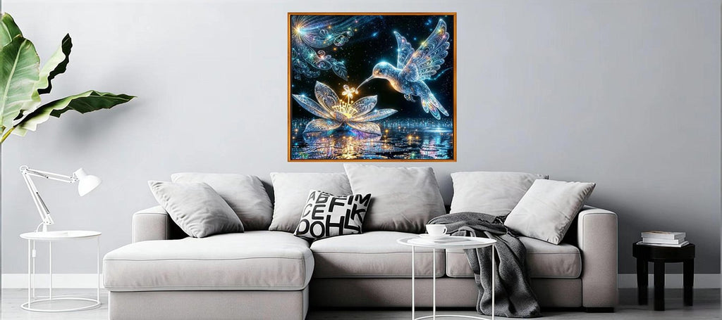 Diamond painting kit featuring a hummingbird hovering over a glowing lotus flower with reflections on water, displayed in a living room setting.