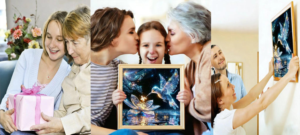 Family members sharing a diamond painting kit and hanging the finished artwork