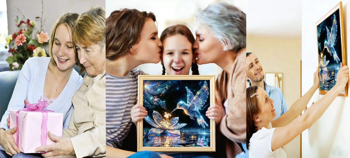 Family members sharing a diamond painting kit and hanging the finished artwork
