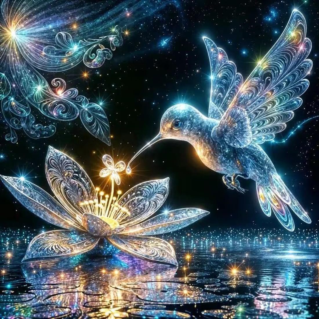 Diamond painting kit featuring a luminous hummingbird hovering over a glowing lotus flower against a starry night sky.
