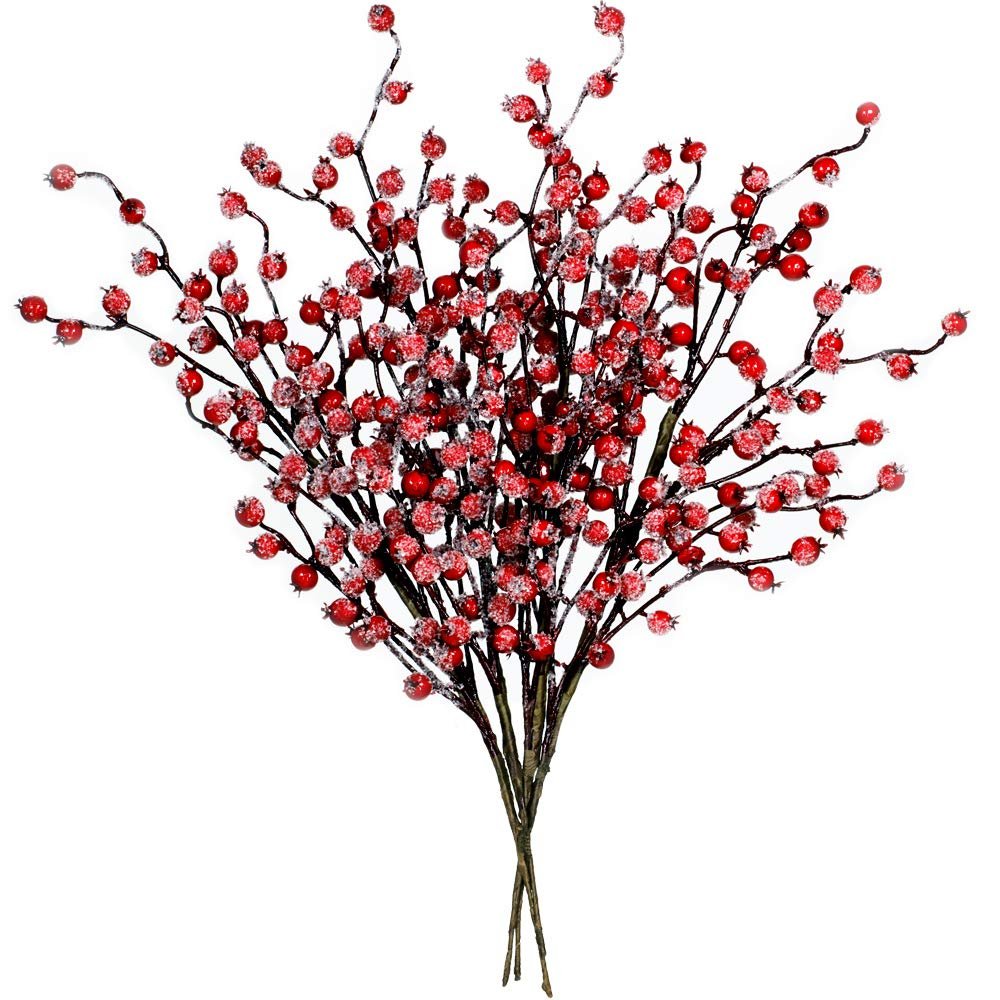 Artificial red berry picks with frosted stems, arranged in a bouquet on a white background.