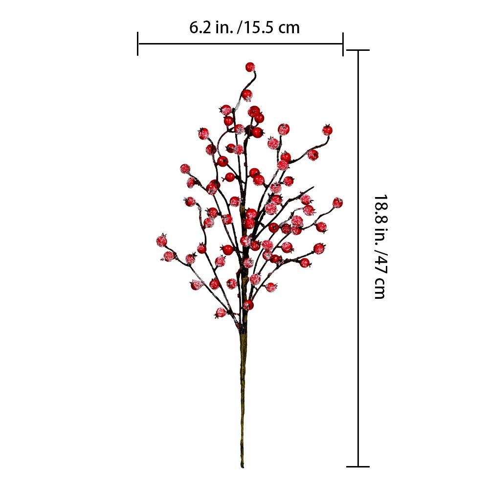 Artificial red berry spray with glitter accents and wired stem, showing dimensions.