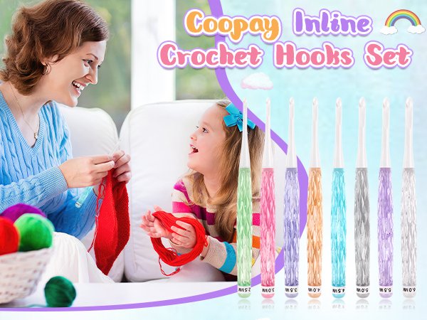 Mother and daughter crafting with colorful yarn and crochet hooks with clear plastic handles.