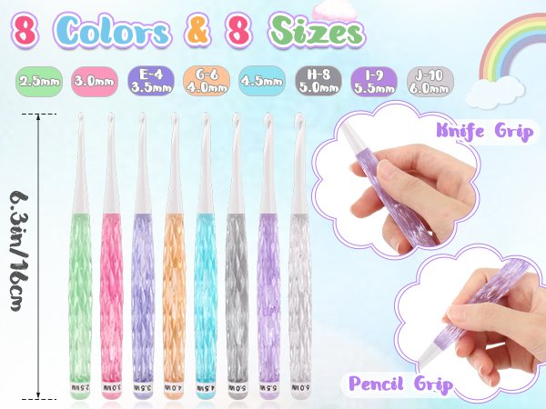 Set of 8 colorful crochet hooks with clear plastic handles, showing sizes and grip styles.