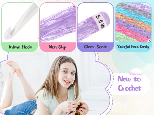 Woman lying down holding crochet hooks with colorful see-through handles, featuring close-ups of hook details and sizes.