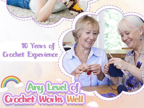 Two smiling women crocheting, with text overlays about crochet experience and skill level.
