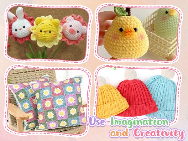 Crocheted stuffed animals and hats, including a bunny, bear, pig, duck, and three beanies.